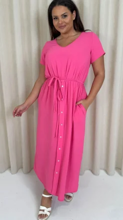 CurveWow Button Front Ocean Crepe Maxi Dress Cerise