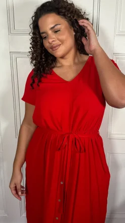 CurveWow Button Front Ocean Crepe Maxi Dress Red