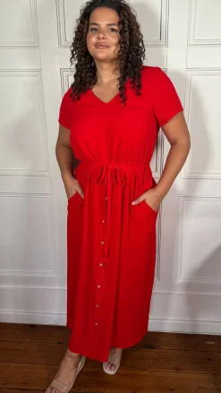 CurveWow Button Front Ocean Crepe Maxi Dress Red