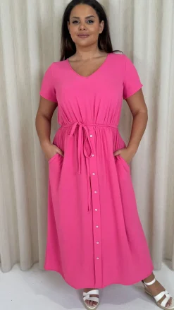 CurveWow Button Front Ocean Crepe Maxi Dress Cerise