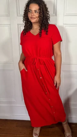 CurveWow Button Front Ocean Crepe Maxi Dress Red