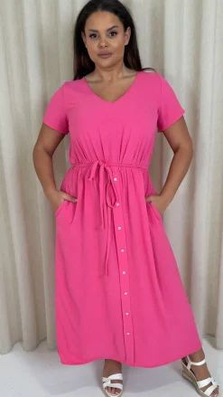 CurveWow Button Front Ocean Crepe Maxi Dress Cerise