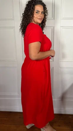 CurveWow Button Front Ocean Crepe Maxi Dress Red