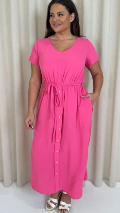 CurveWow Button Front Ocean Crepe Maxi Dress Cerise