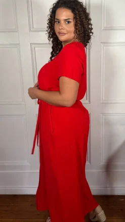 CurveWow Button Front Ocean Crepe Maxi Dress Red