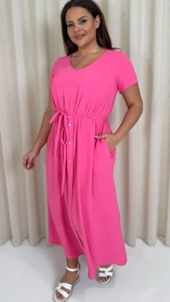 CurveWow Button Front Ocean Crepe Maxi Dress Cerise