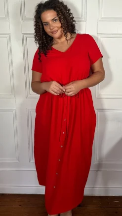 CurveWow Button Front Ocean Crepe Maxi Dress Red