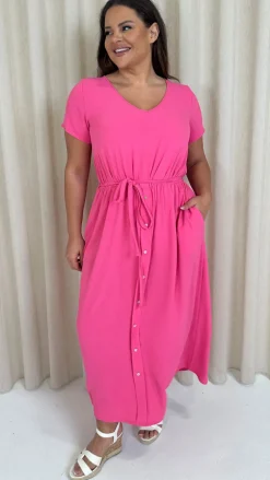 CurveWow Button Front Ocean Crepe Maxi Dress Cerise