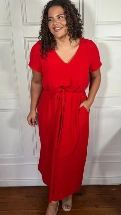 CurveWow Button Front Ocean Crepe Maxi Dress Red