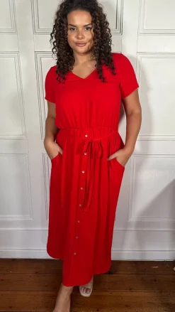 CurveWow Button Front Ocean Crepe Maxi Dress Red