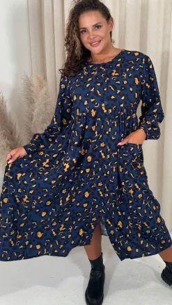 CurveWow Button Front Pocket Midi Dress Blue Animal