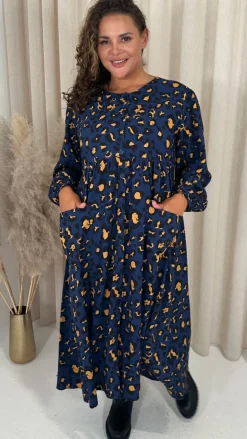 CurveWow Button Front Pocket Midi Dress Blue Animal