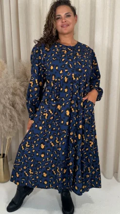 CurveWow Button Front Pocket Midi Dress Blue Animal