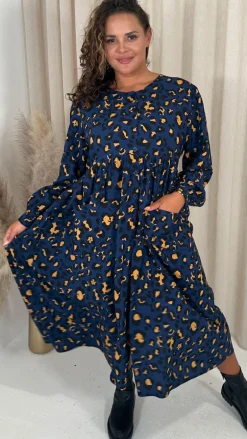 CurveWow Button Front Pocket Midi Dress Blue Animal
