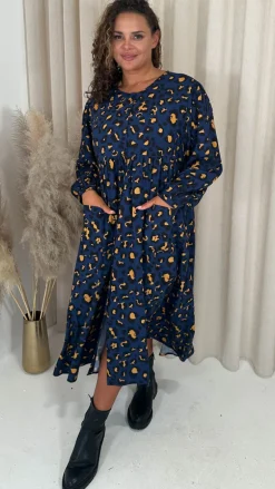 CurveWow Button Front Pocket Midi Dress Blue Animal