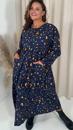 CurveWow Button Front Pocket Midi Dress Blue Animal