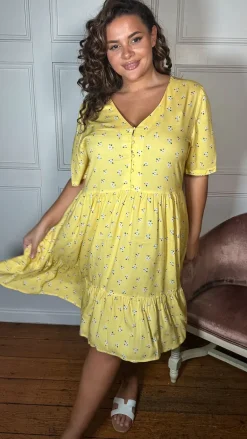 CurveWow Button Front Tea Dress Yellow Floral