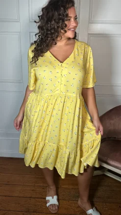 CurveWow Button Front Tea Dress Yellow Floral