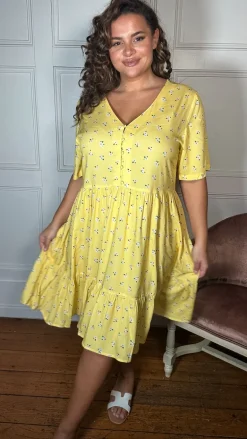 CurveWow Button Front Tea Dress Yellow Floral