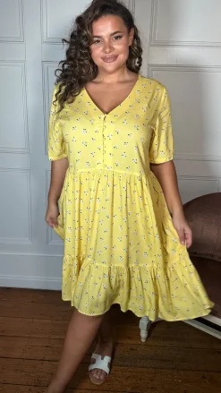 CurveWow Button Front Tea Dress Yellow Floral