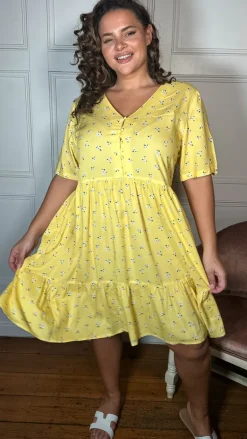 CurveWow Button Front Tea Dress Yellow Floral