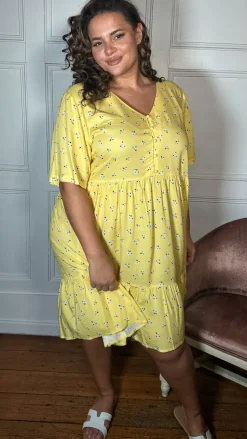 CurveWow Button Front Tea Dress Yellow Floral