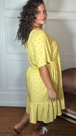 CurveWow Button Front Tea Dress Yellow Floral