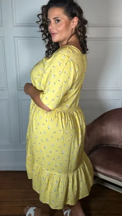 CurveWow Button Front Tea Dress Yellow Floral