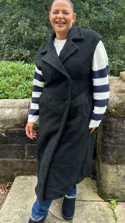 CurveWow Button Front Teddy Gilet Black