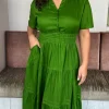 CurveWow Button Front Tiered Maxi Dress Green