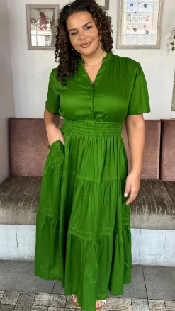 CurveWow Button Front Tiered Maxi Dress Green