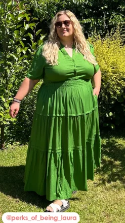 CurveWow Button Front Tiered Maxi Dress Green