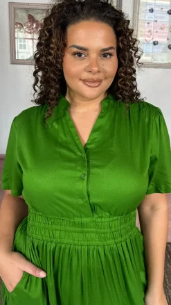 CurveWow Button Front Tiered Maxi Dress Green