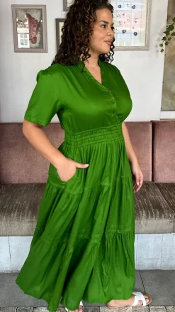 CurveWow Button Front Tiered Maxi Dress Green