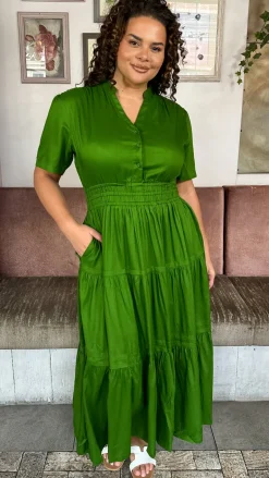 CurveWow Button Front Tiered Maxi Dress Green