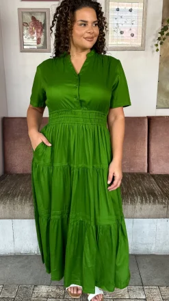 CurveWow Button Front Tiered Maxi Dress Green