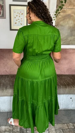 CurveWow Button Front Tiered Maxi Dress Green