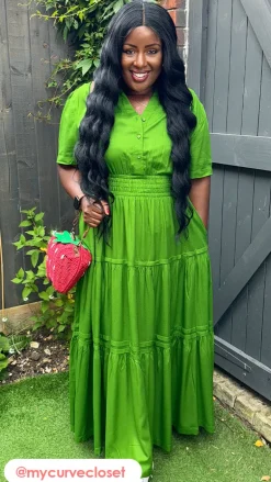 CurveWow Button Front Tiered Maxi Dress Green