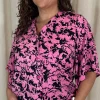 CurveWow Button Front Top Black/Pink Floral