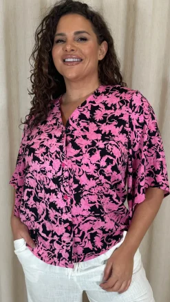CurveWow Button Front Top Black/Pink Floral