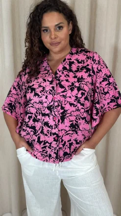 CurveWow Button Front Top Black/Pink Floral