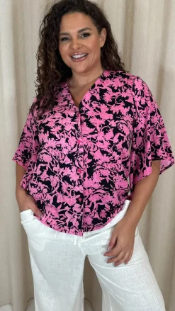 CurveWow Button Front Top Black/Pink Floral