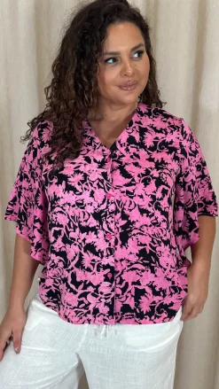 CurveWow Button Front Top Black/Pink Floral