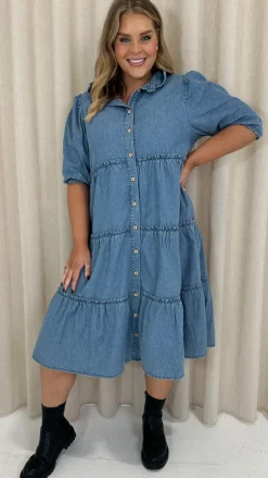 CurveWow Chambray Tiered Shirt Dress