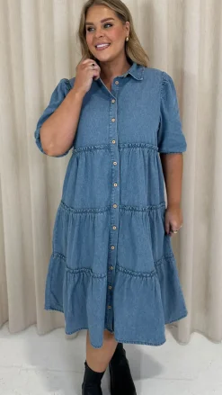 CurveWow Chambray Tiered Shirt Dress
