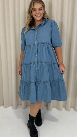 CurveWow Chambray Tiered Shirt Dress