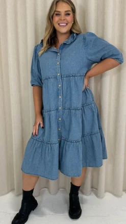 CurveWow Chambray Tiered Shirt Dress