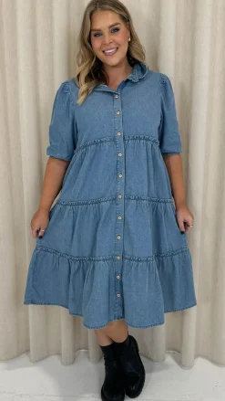 CurveWow Chambray Tiered Shirt Dress