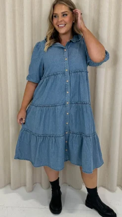 CurveWow Chambray Tiered Shirt Dress