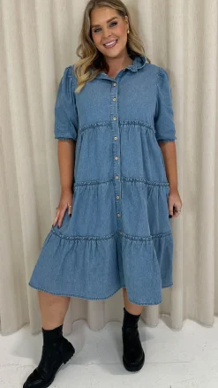 CurveWow Chambray Tiered Shirt Dress